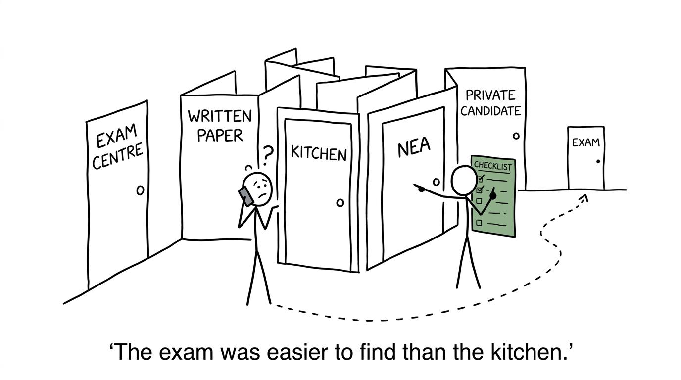 A student navigates exam-centre doors labelled written paper, kitchen and NEA