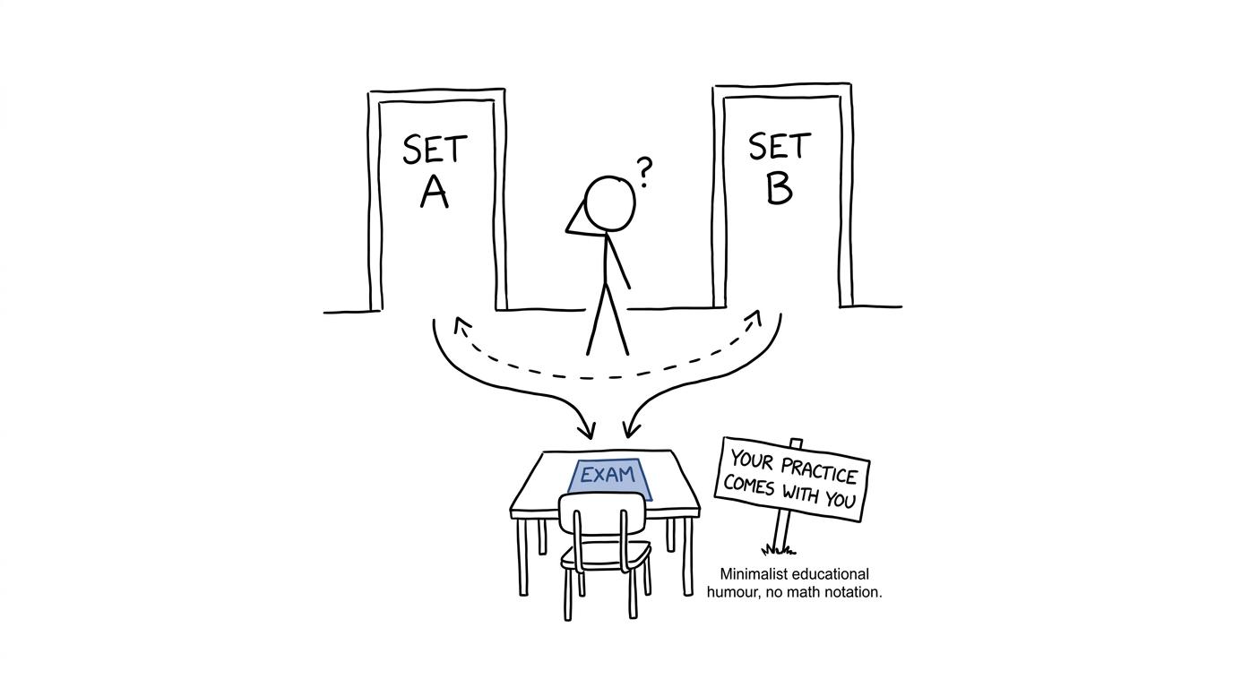 Two classroom sets leading towards the same examination desk