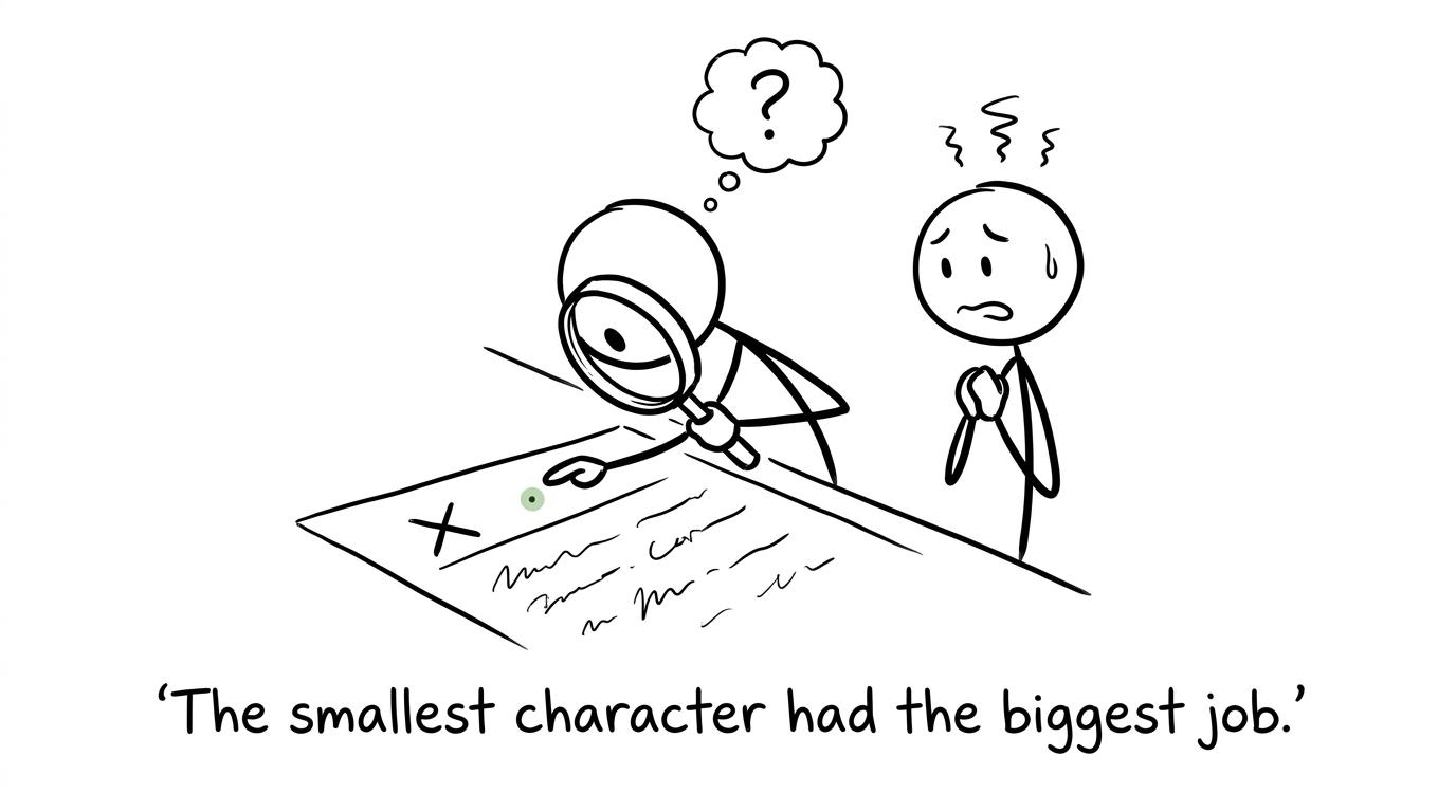 An examiner investigates whether a tiny mark is notation or a crumb