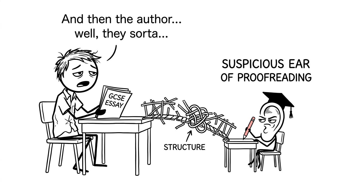 A suspicious proofreading ear inspects a tangled bridge of writing