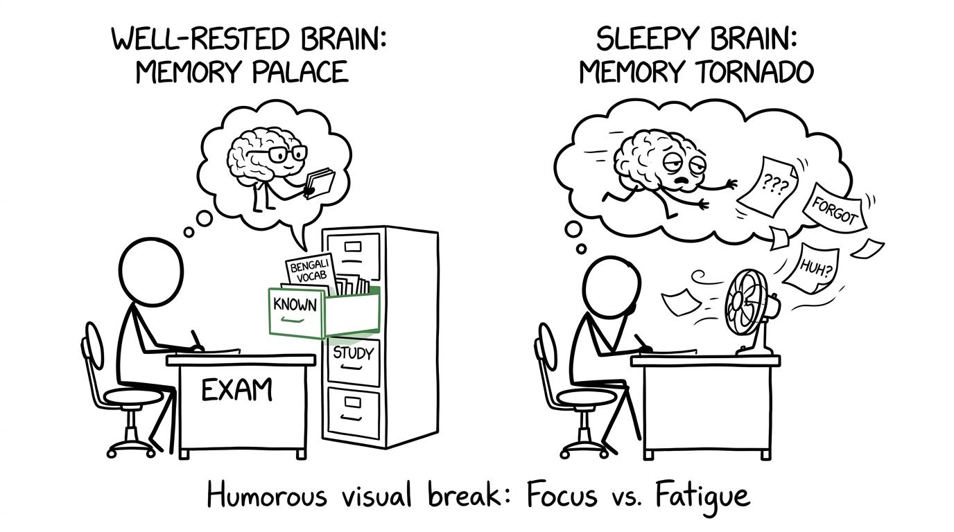 An organised brain and a sleepy brain handling vocabulary in an exam