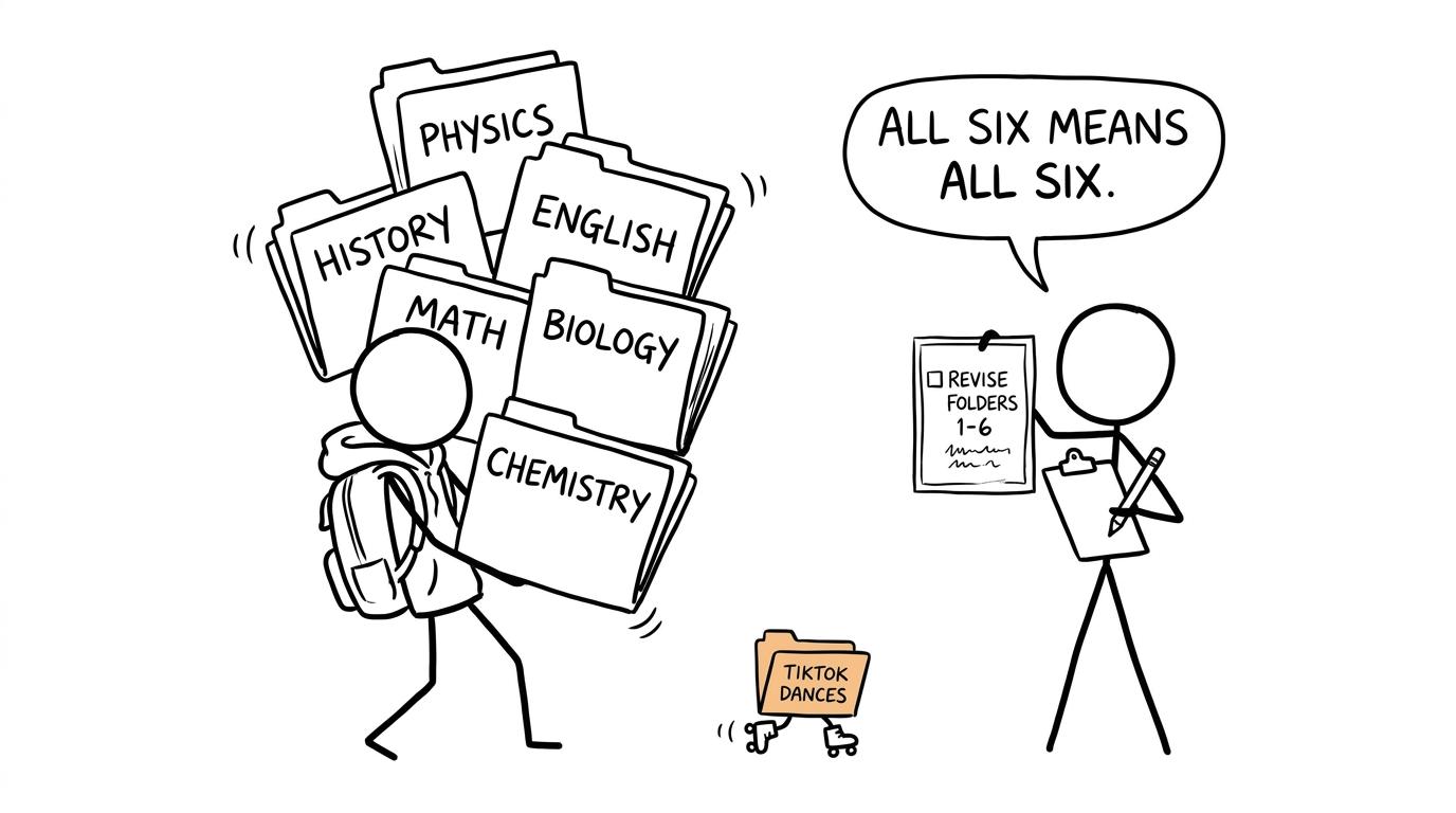 A student tries to keep all six dance-work folders together
