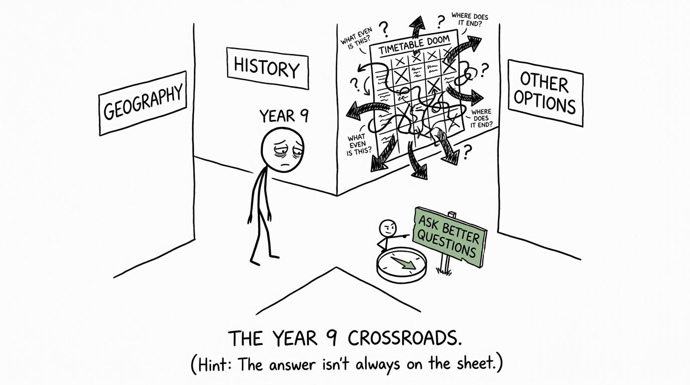 A student choosing between GCSE option corridors with a compass pointing towards better questions