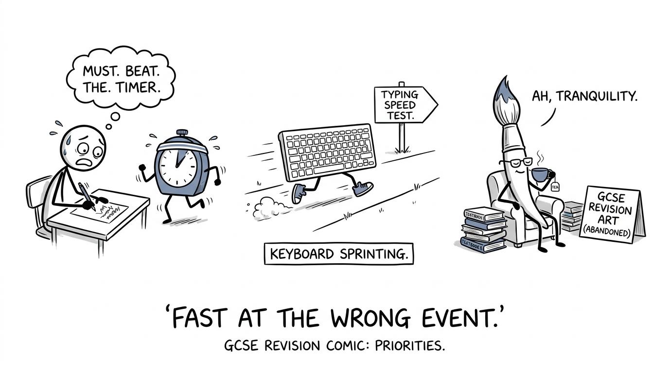 A keyboard racing while a paintbrush calmly drinks tea