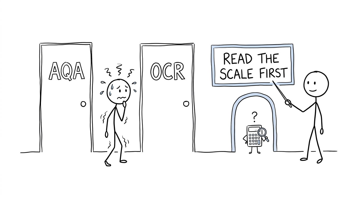 A student choosing between AQA and OCR doors while a teacher advises reading the scale first