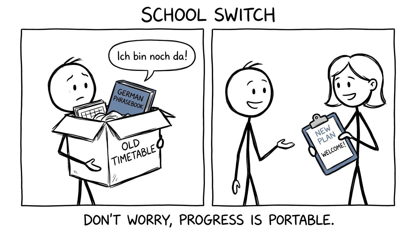 A student arriving at a new school with an old timetable while a German phrasebook remains cheerfully present