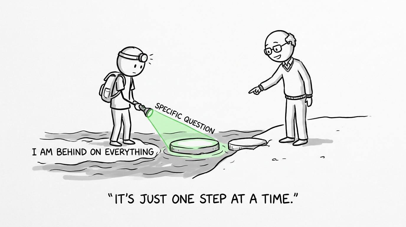 A specific question lights the next stepping stone through an overwhelming revision problem