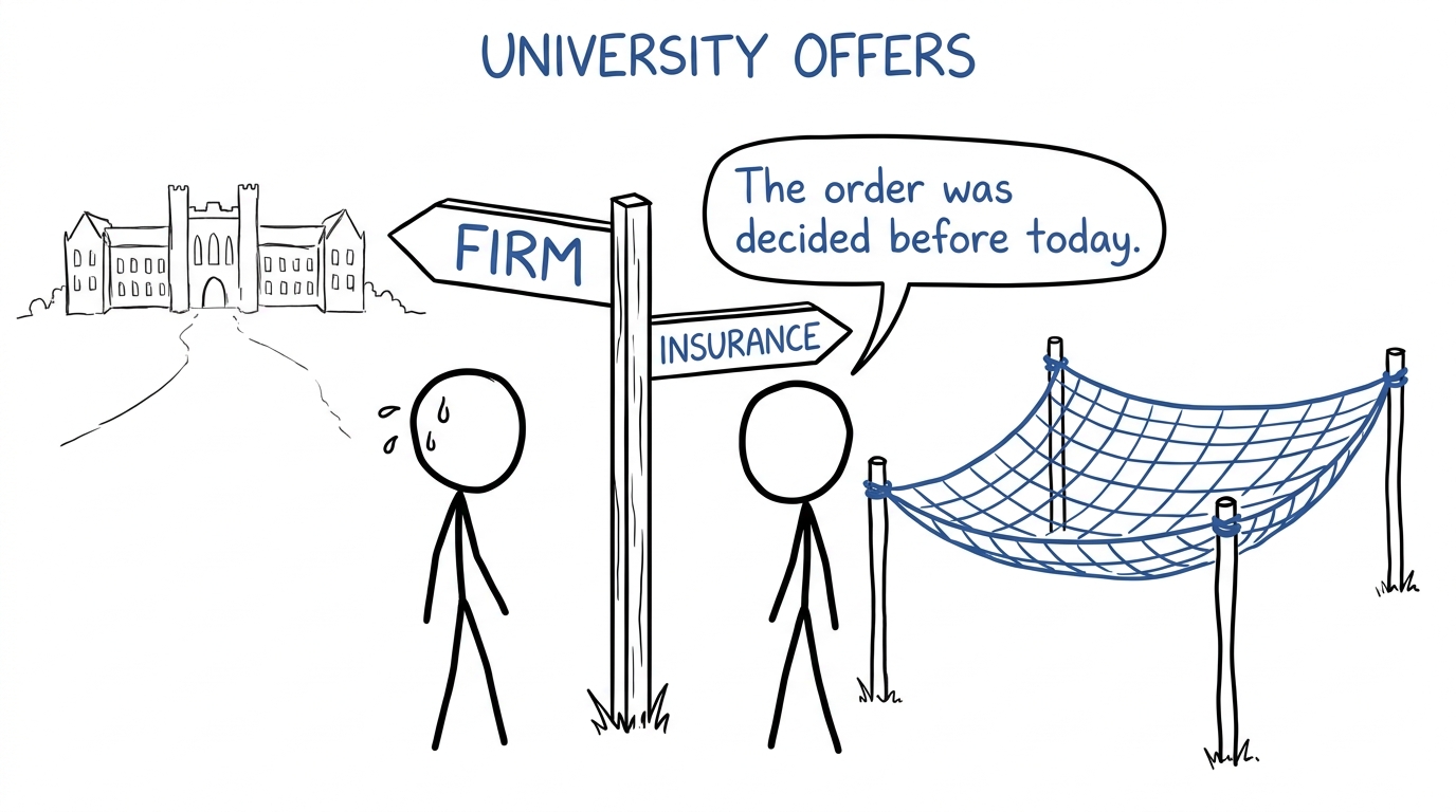 A student choosing between a firm path and an insurance safety net
