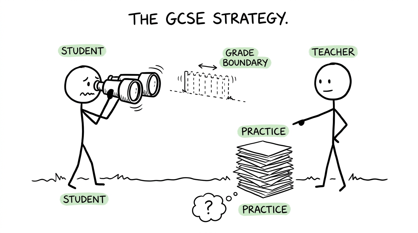 A student searches for a moving grade boundary while useful past papers wait nearby