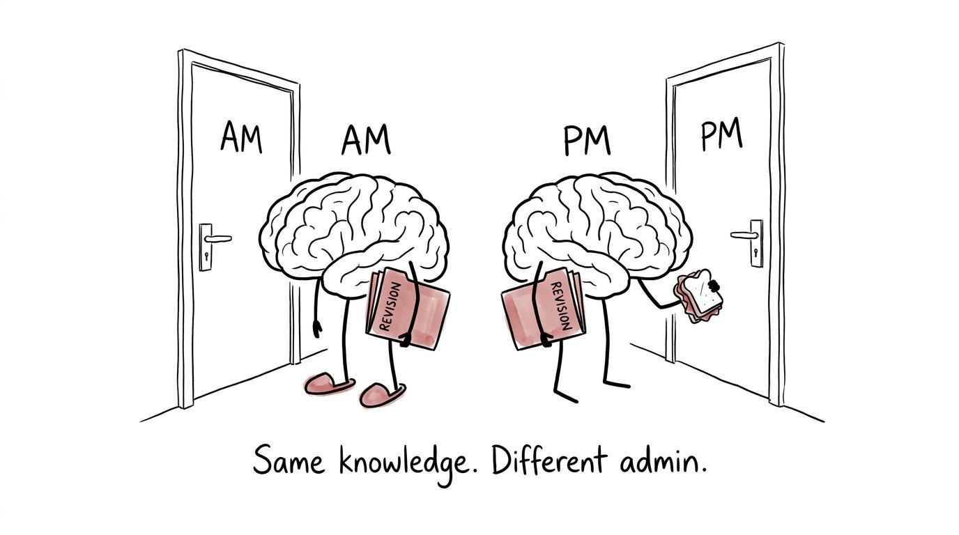 Two identical brains discover that morning and afternoon exams involve the same knowledge but different distractions