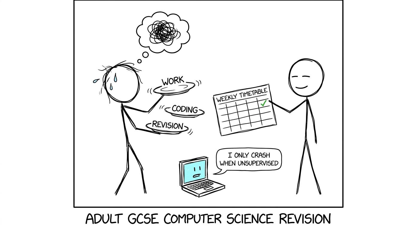 A learner balancing work, coding and revision