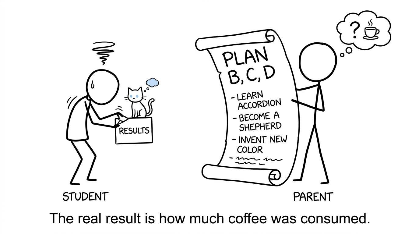 A nervous student opens a results envelope beside an oversized family backup plan