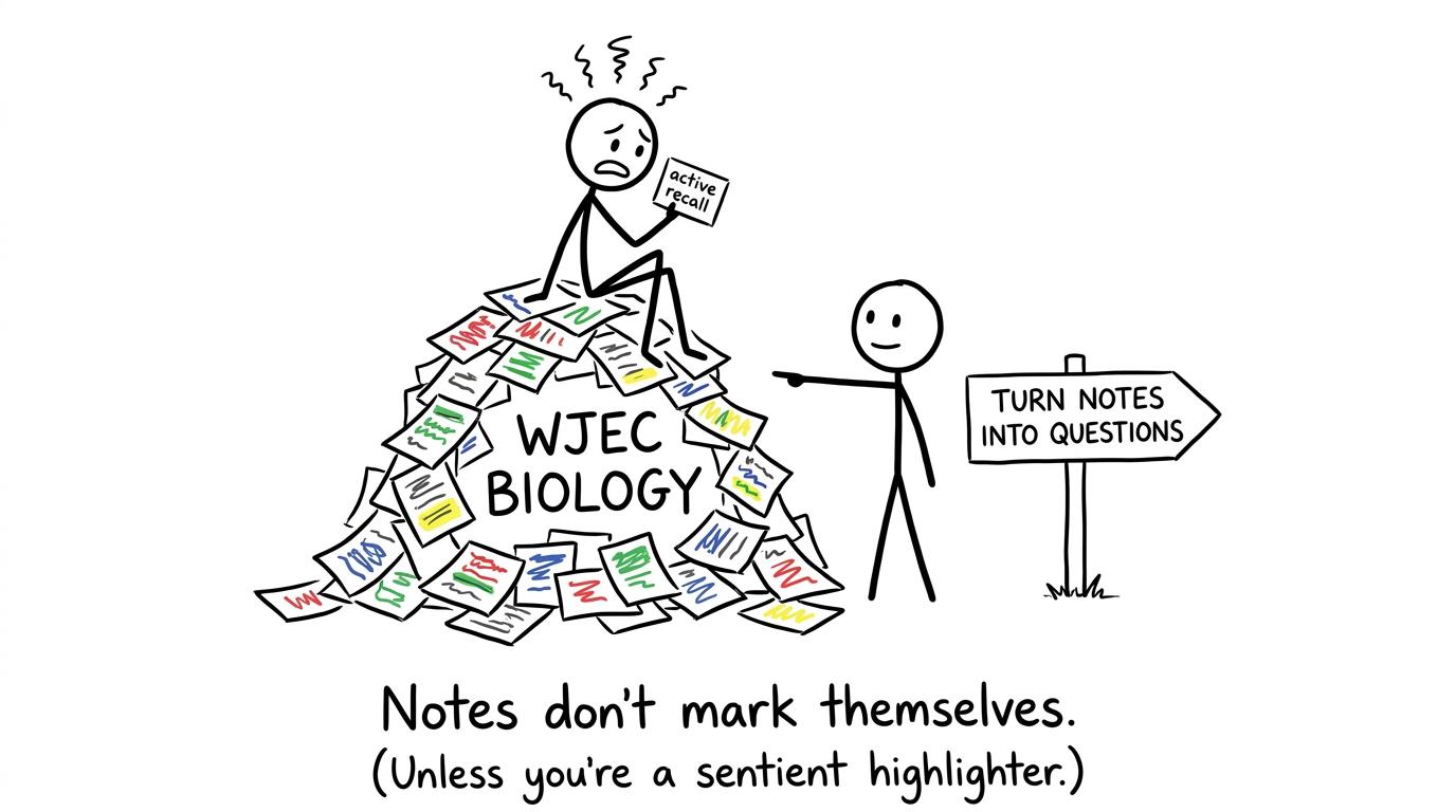 Student on mountain of notes discovers flashcards