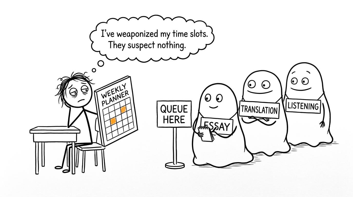 A student calmly controlling essay, translation and listening monsters with a weekly planner