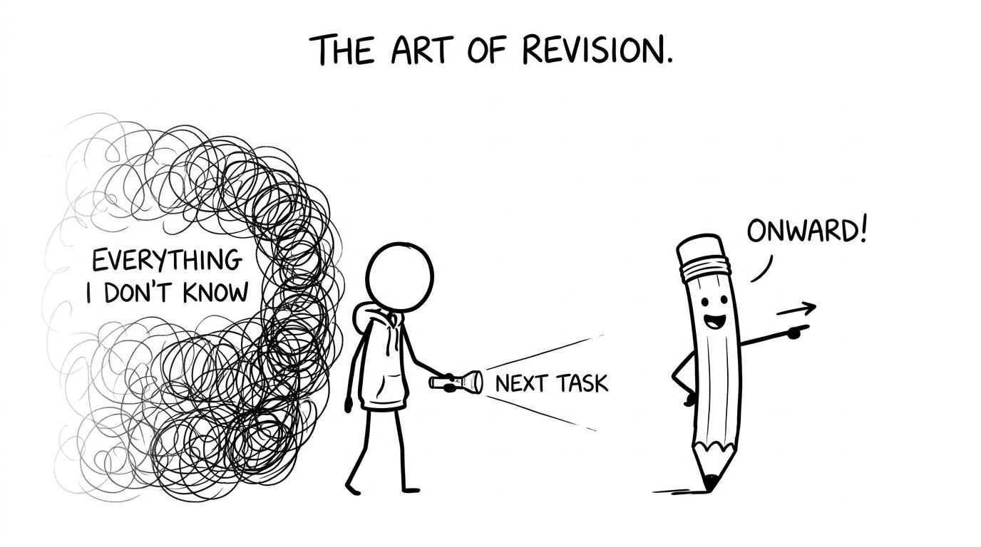 A student follows a small next-task torch through the fog of revision