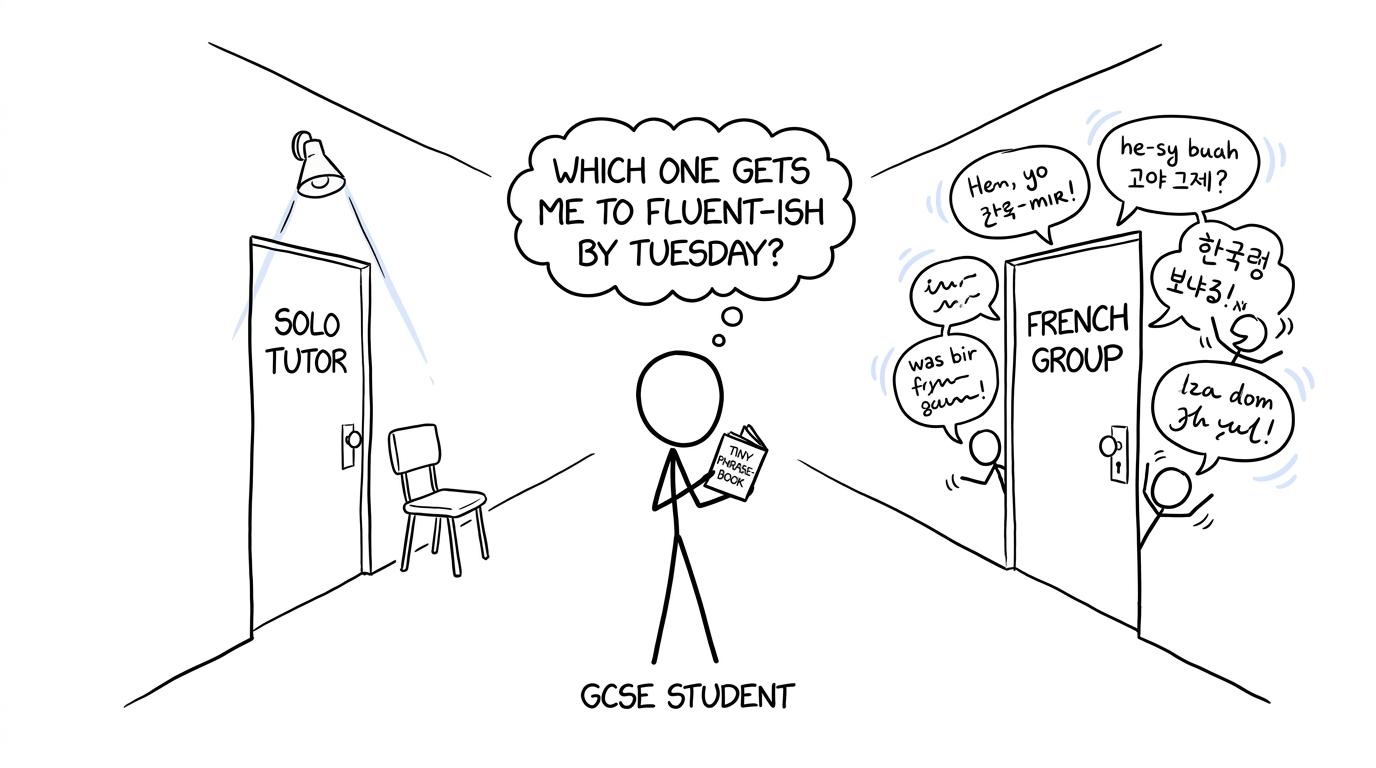 A student choosing between solo French tutoring and a lively group
