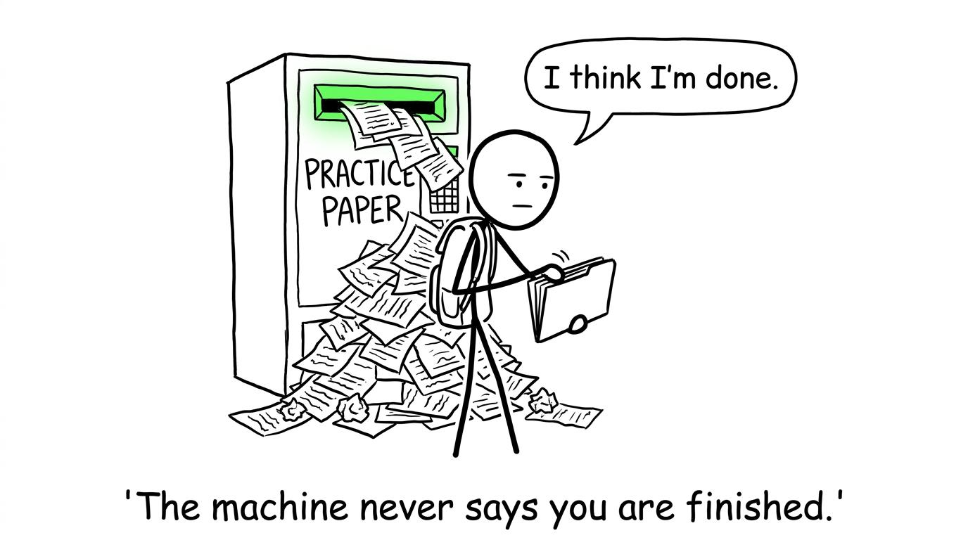 A practice paper machine keeps printing after the student is finished