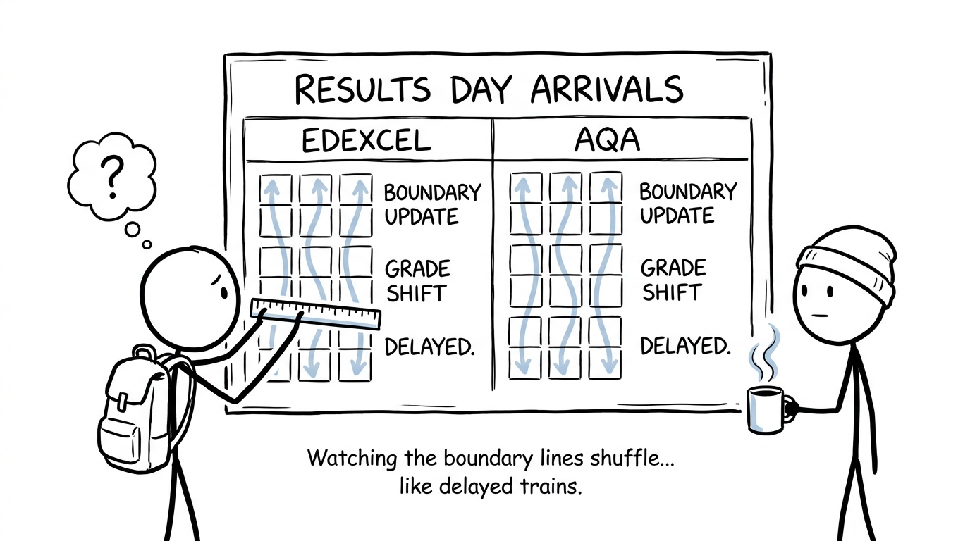 Students waiting for Edexcel and AQA grade boundaries on a results-day arrivals board