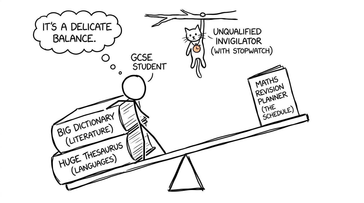 A student balancing language dictionaries with a maths revision planner