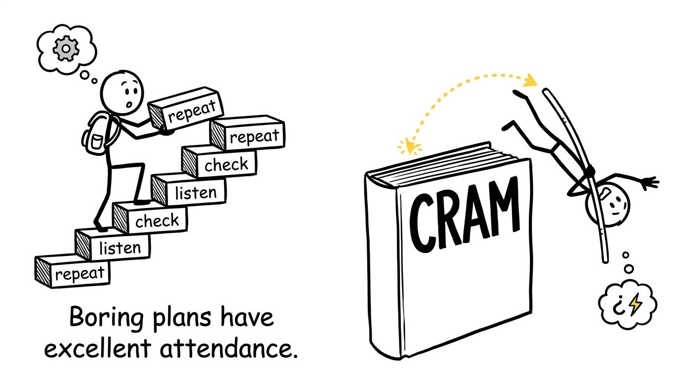 One student builds a calm revision staircase while another attempts to vault over cramming
