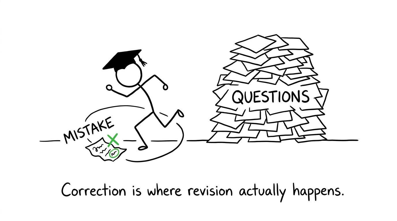 A student celebrates a corrected mistake while the next questions wait patiently