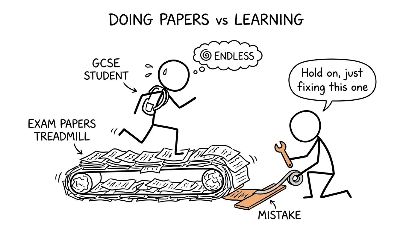 A student repairs one mistake while another runs endlessly on practice papers