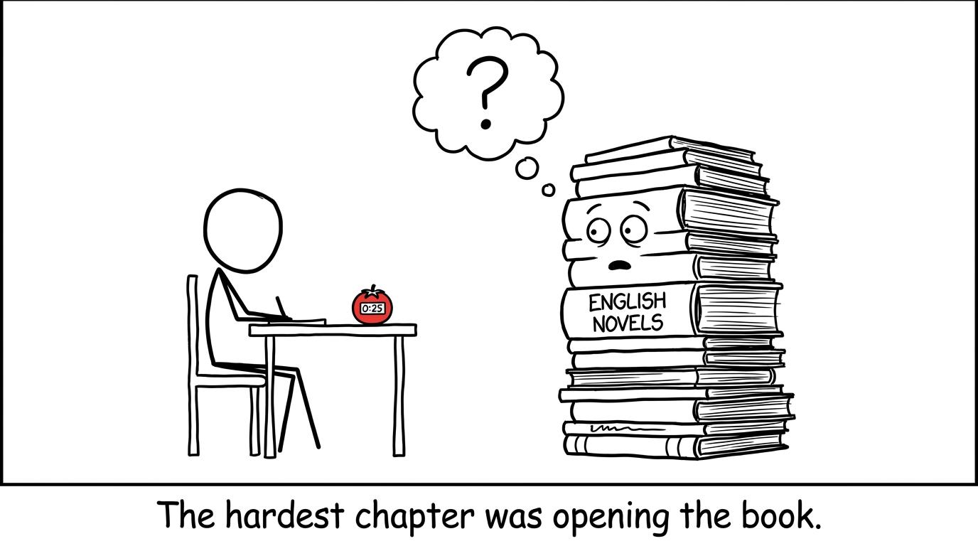 A student begins revision while a giant stack of novels watches the timer