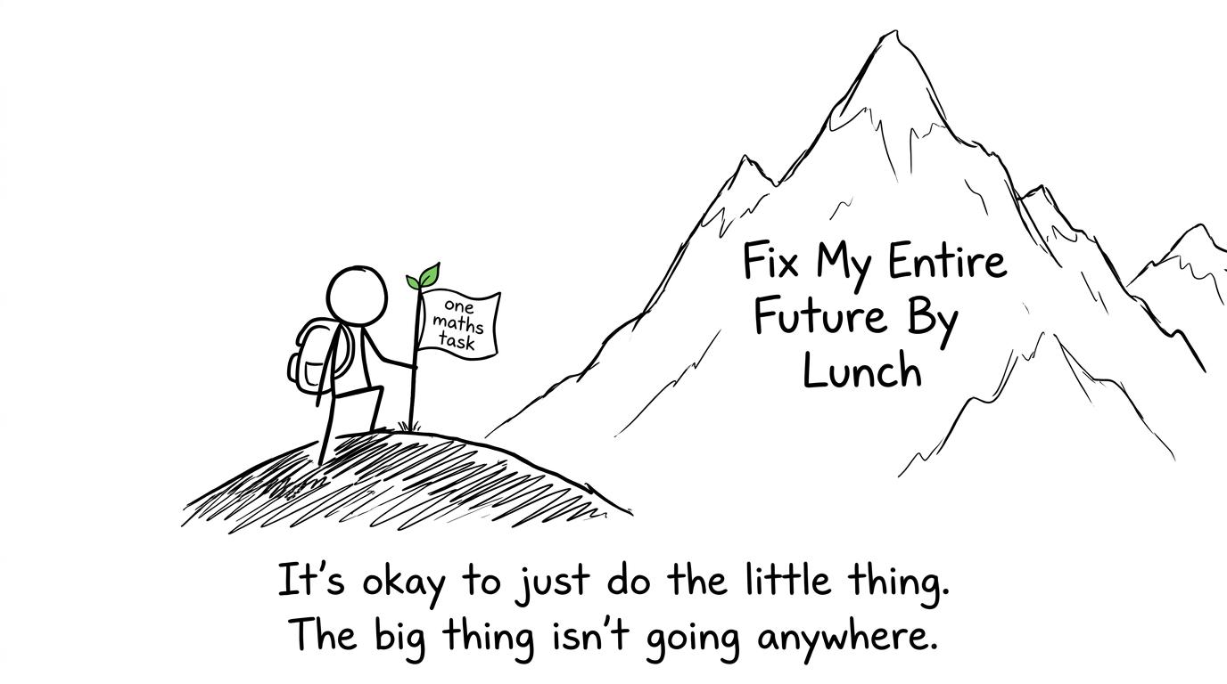 A student chooses one achievable maths task instead of fixing an entire future by lunchtime