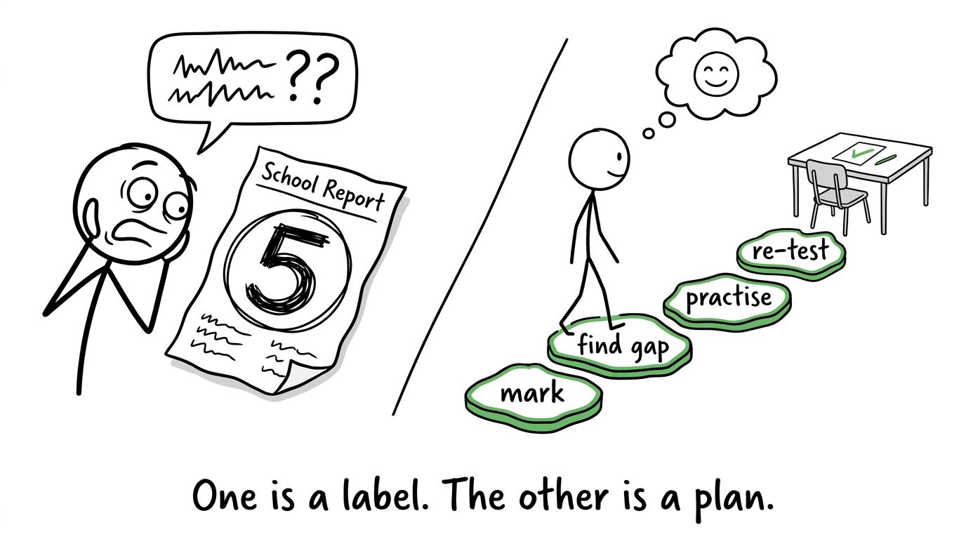 One student stares at a grade while another follows a mark, practise and re-test plan