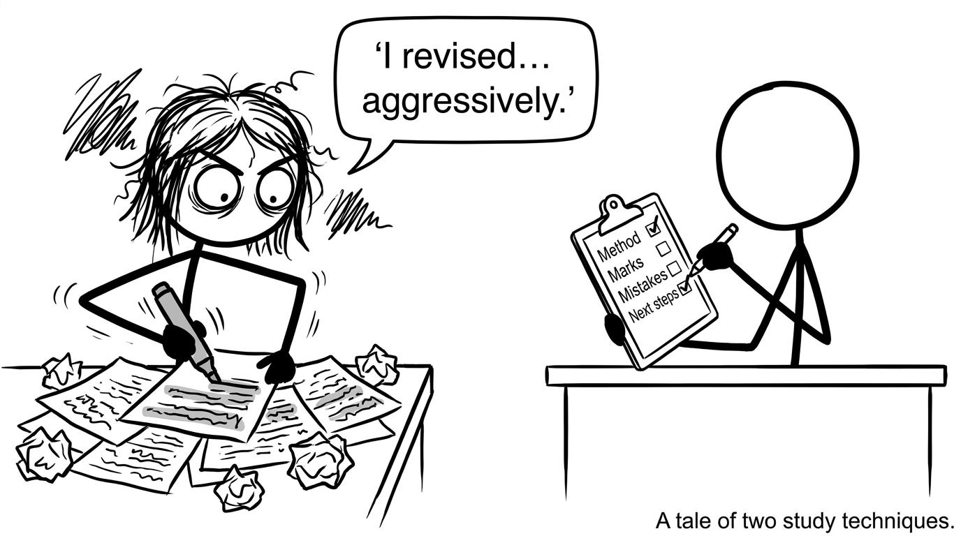 Two students: one highlights everything, one uses a calm checklist