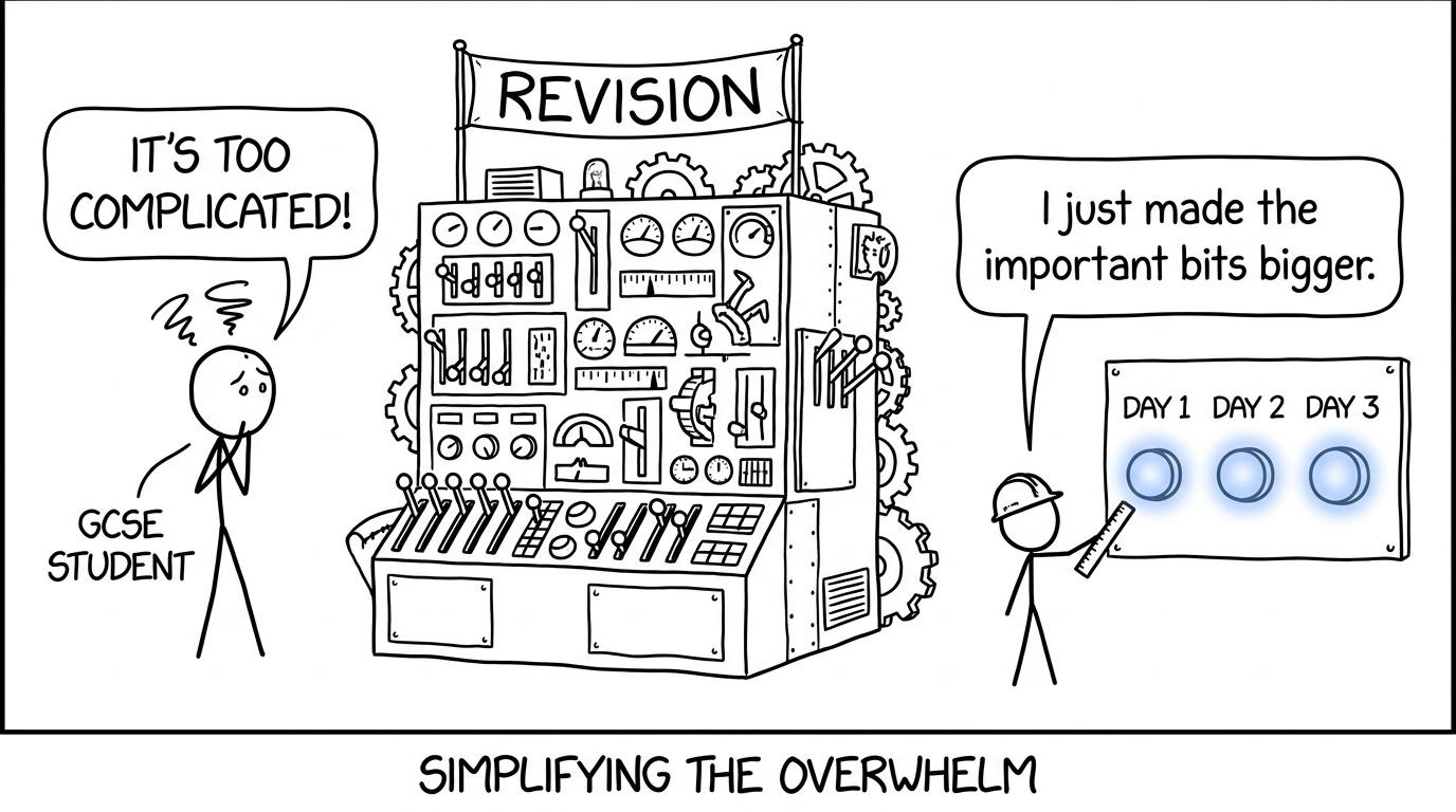 A calm engineer shows a worried student three simple revision buttons