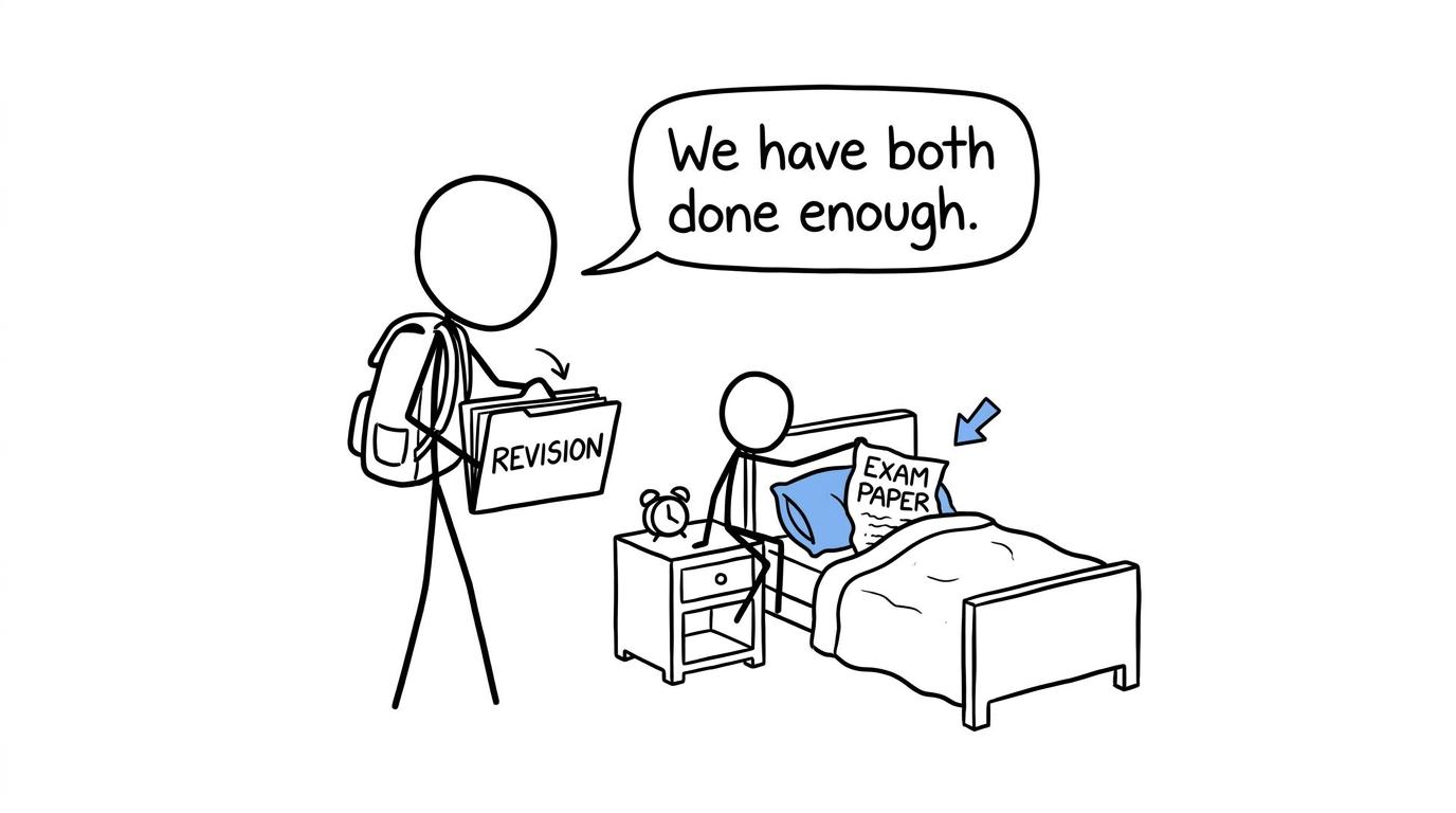 A student and an exam paper agree that both have done enough for the night