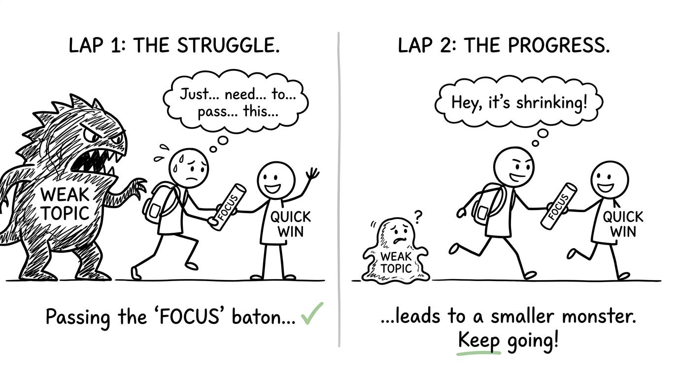 A revision relay between a weak topic and a quick win