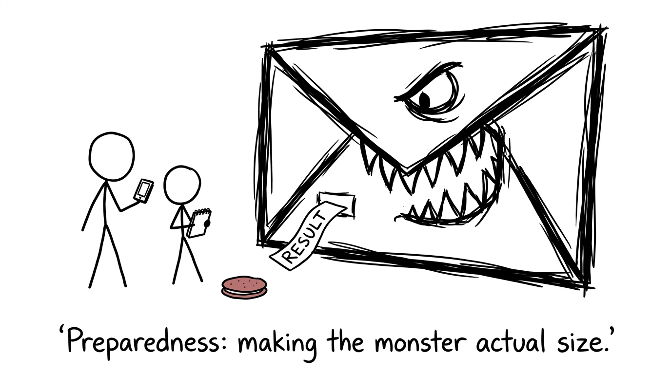 A dramatic results envelope turning out to contain an ordinary slip while a student waits with a phone and biscuit