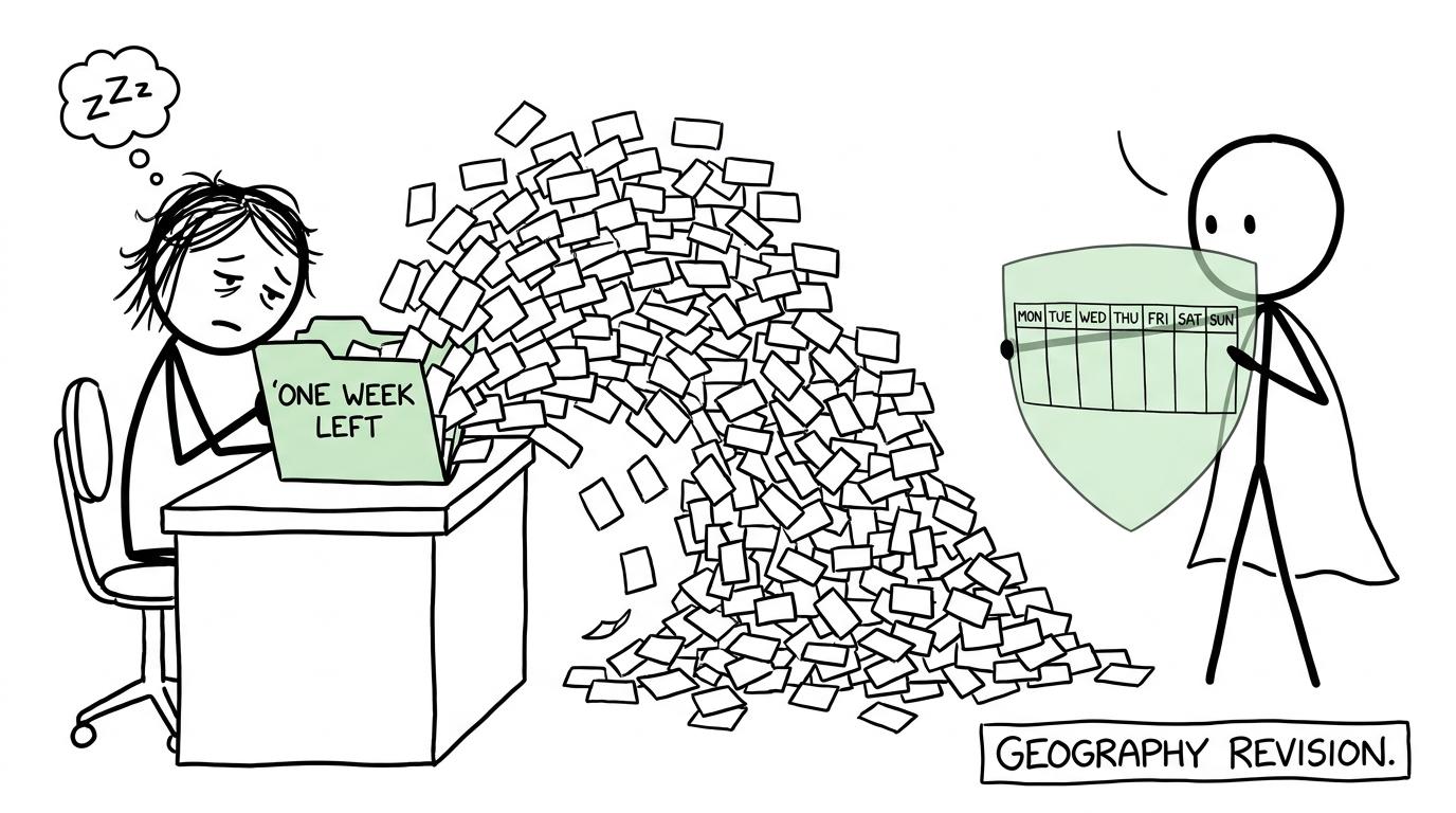 A student uses a seven-day plan to defend against an avalanche of revision cards
