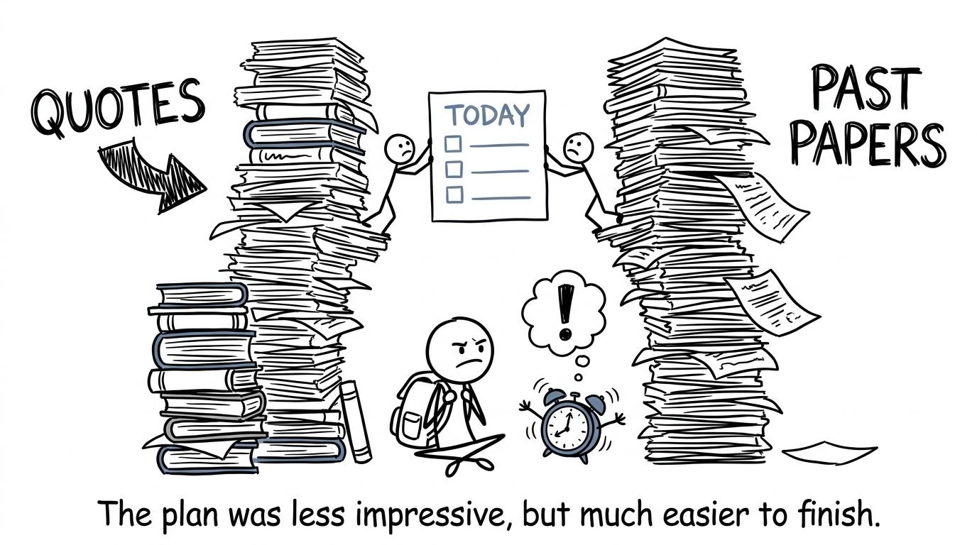 A student choosing a manageable daily revision checklist instead of two enormous piles of work
