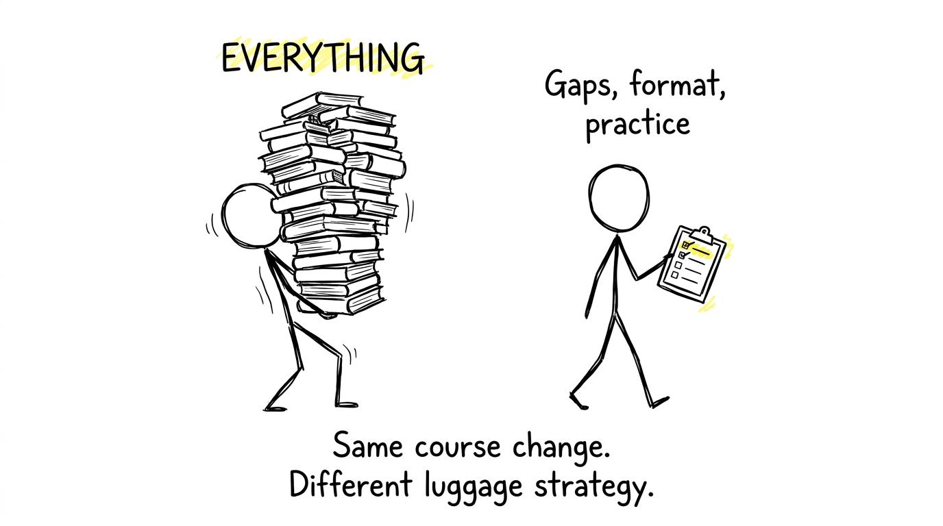 Two students choosing very different revision luggage after a course change