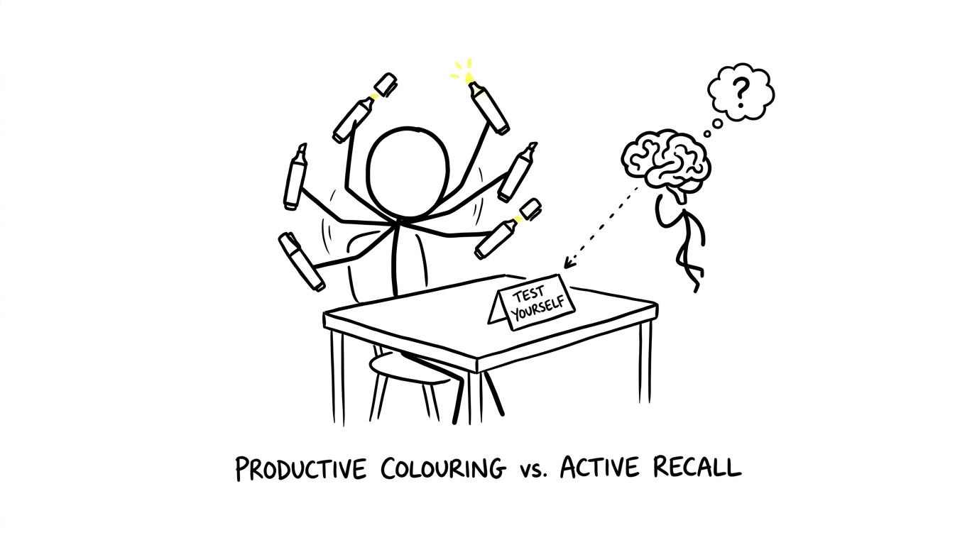 A student conducting an orchestra of highlighters while a brain points towards a self-testing flashcard