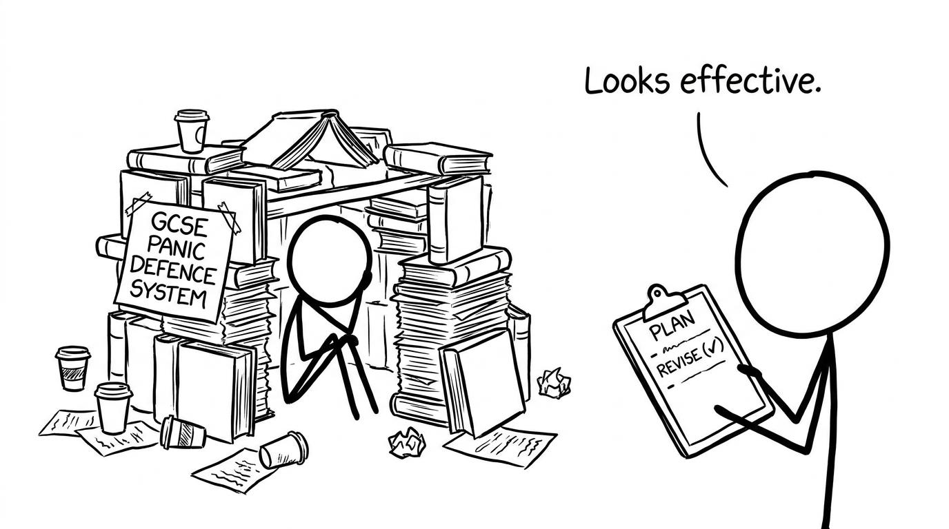 A stick-figure revision fort labelled GCSE Panic Defence System