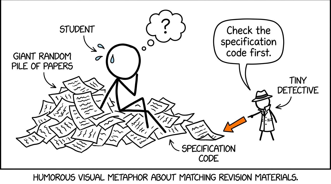 A revision detective checks the specification code before choosing a paper