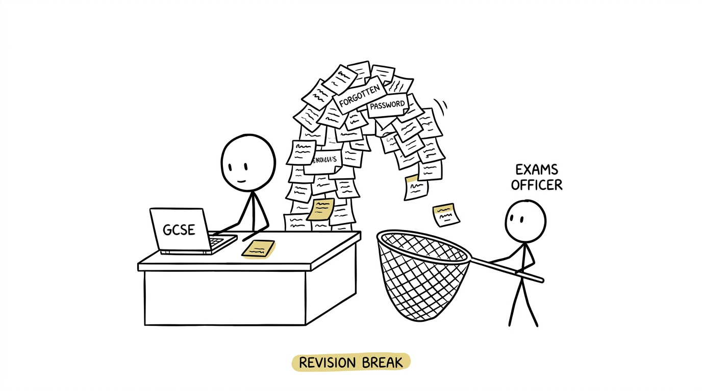 A GCSE student protected from a tower of forgotten-password notes by an exams officer