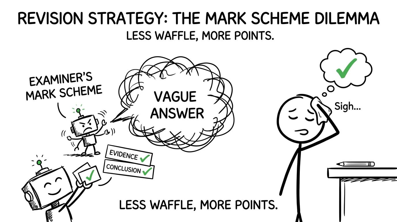 A mark-scheme robot choosing evidence and a conclusion over a vague answer