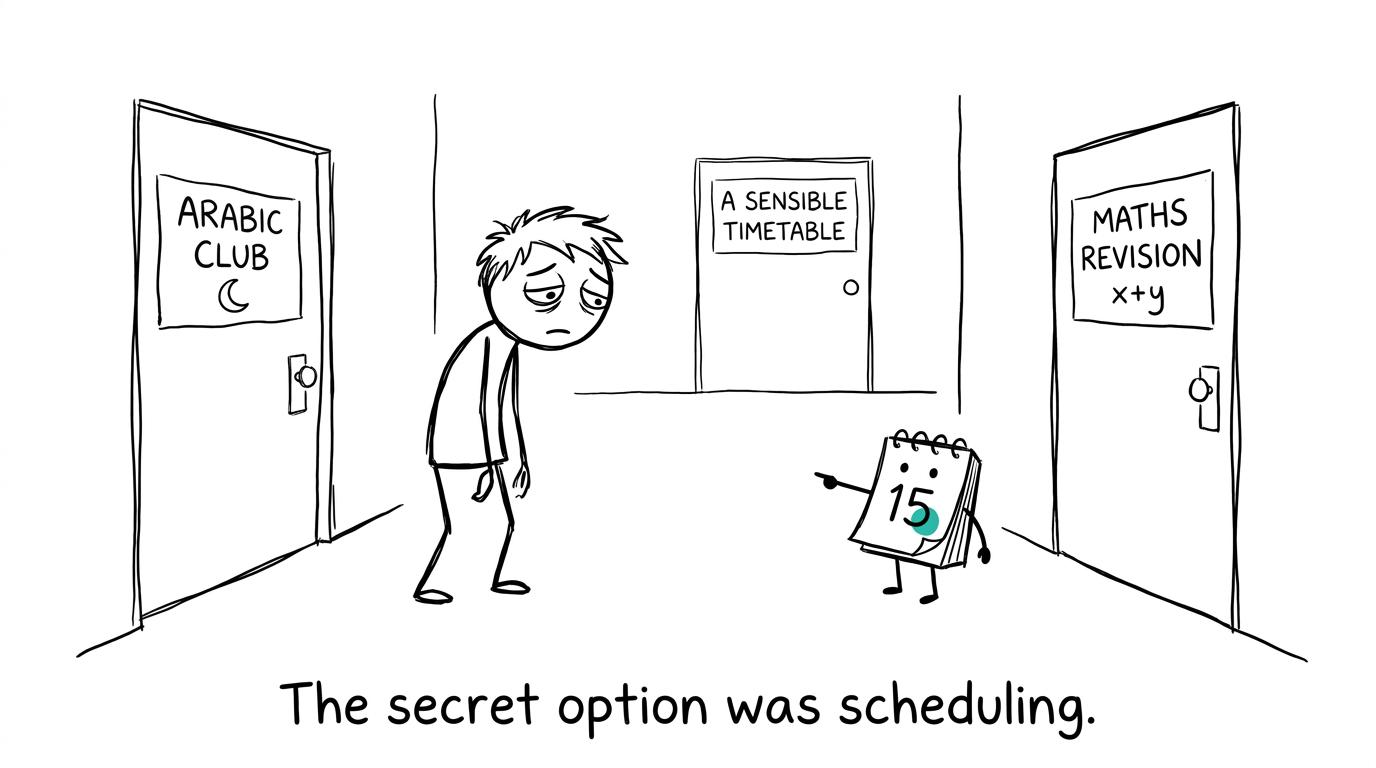 A student discovers that the secret to balancing Arabic club and maths revision is scheduling