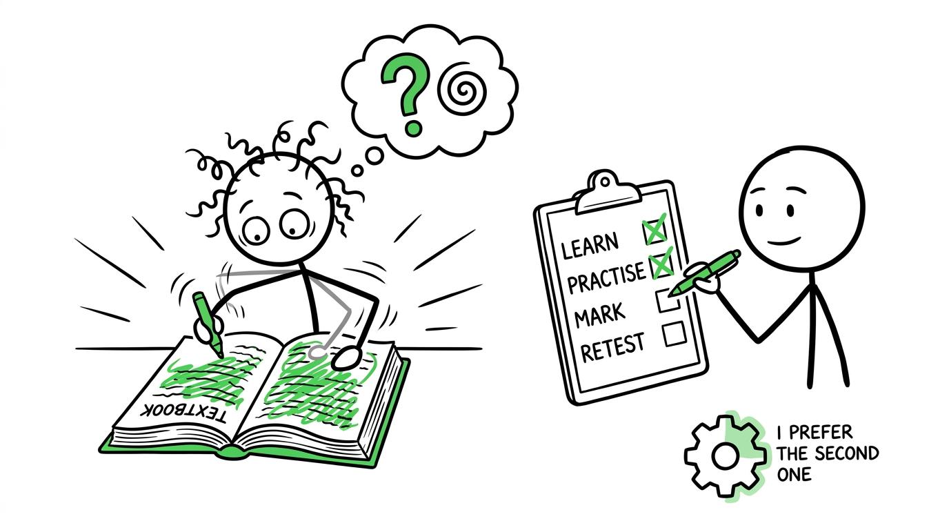 One student highlights everything while another follows a learn-practise-mark-retest checklist