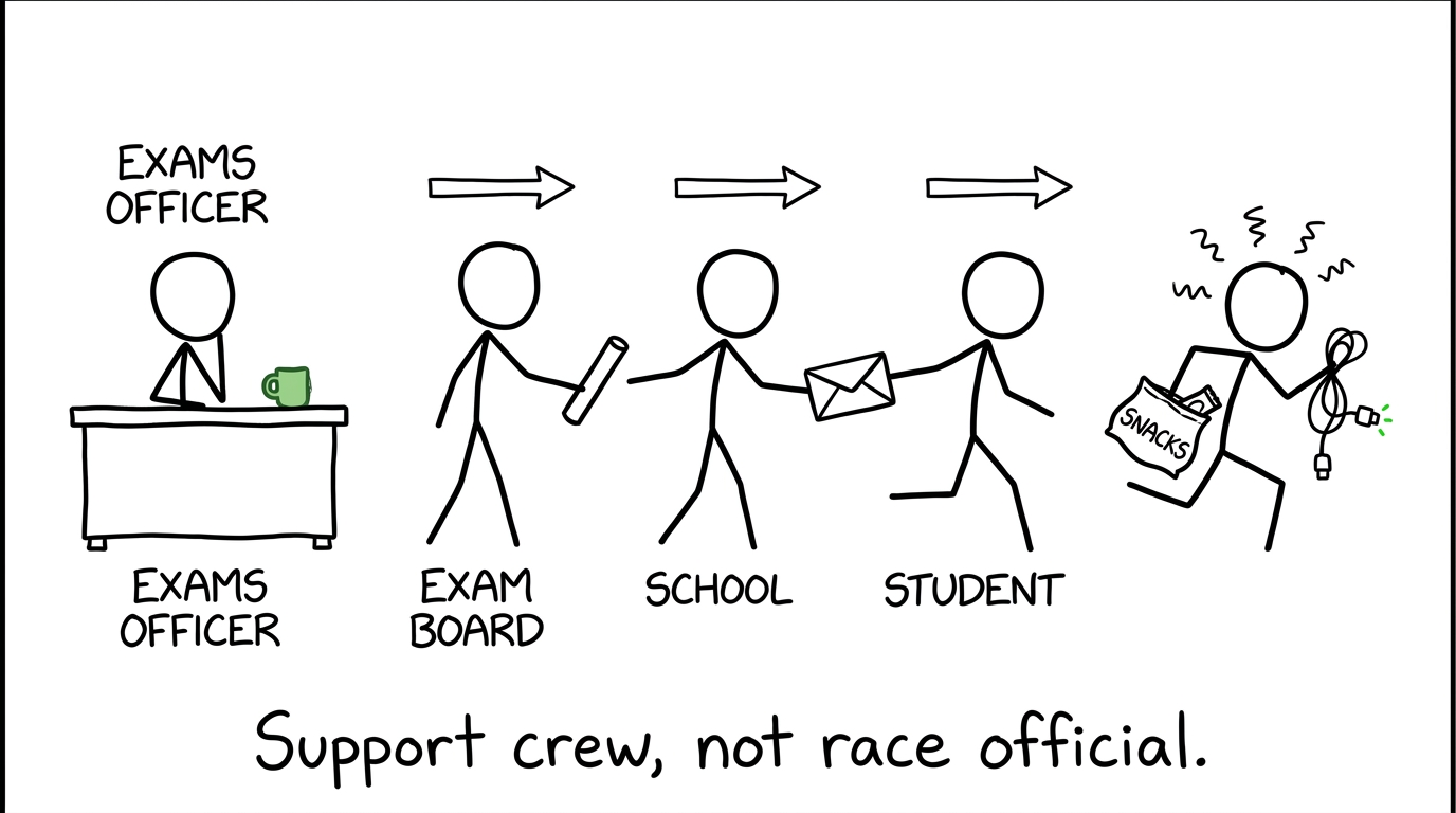 A results relay from exam board to school to student, with a parent acting as support crew