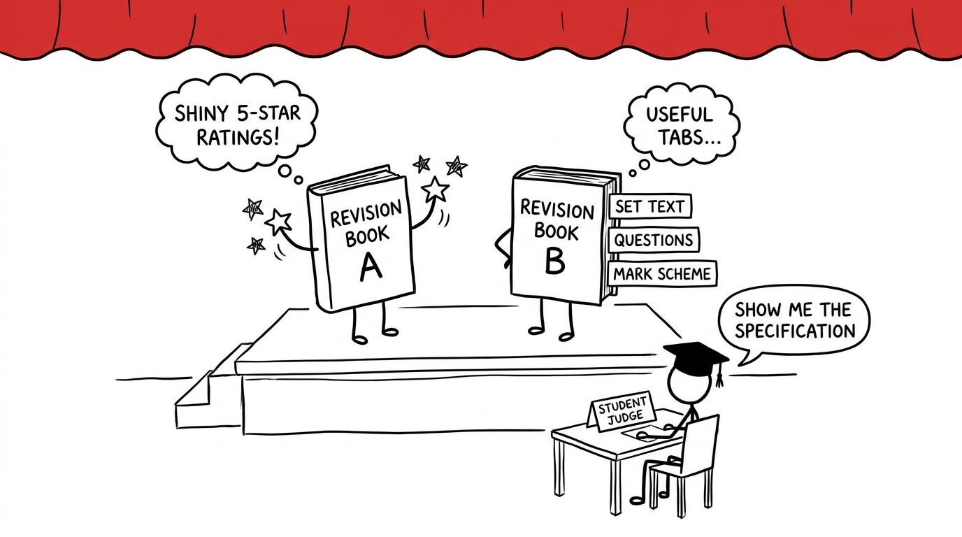 Revision books audition while a student asks to see the specification