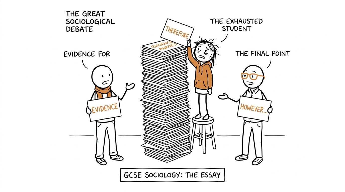 Two sociologists debate evidence while a student searches for a conclusion