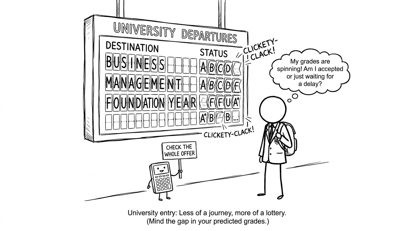 A student watches university destinations and changing grades on a departures board