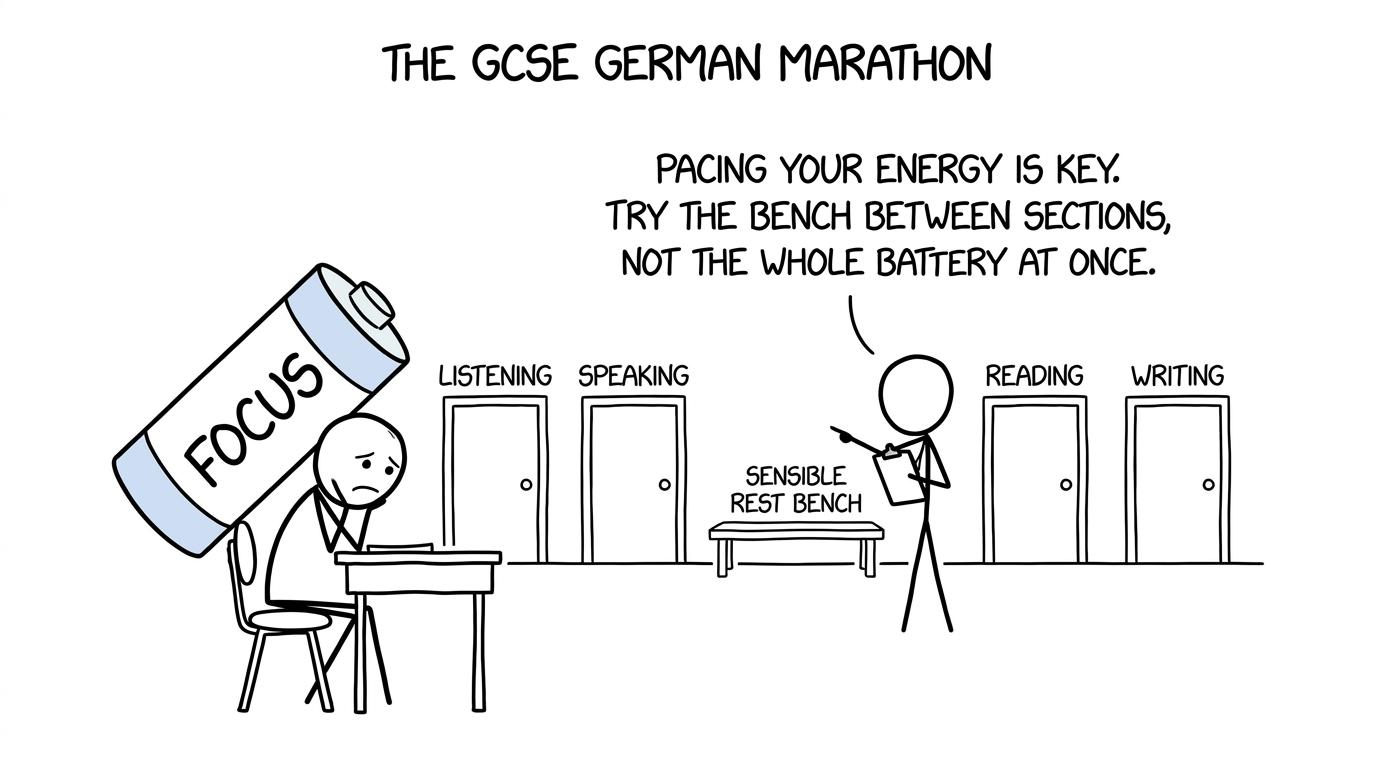 A student carries a focus battery through four GCSE German exam stages