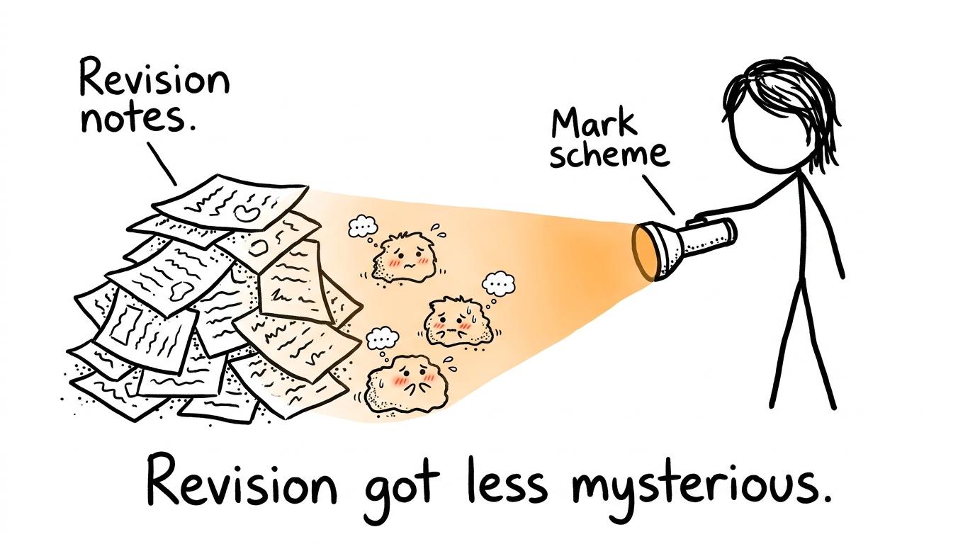 A mark scheme torch exposes three embarrassed revision mistake gremlins